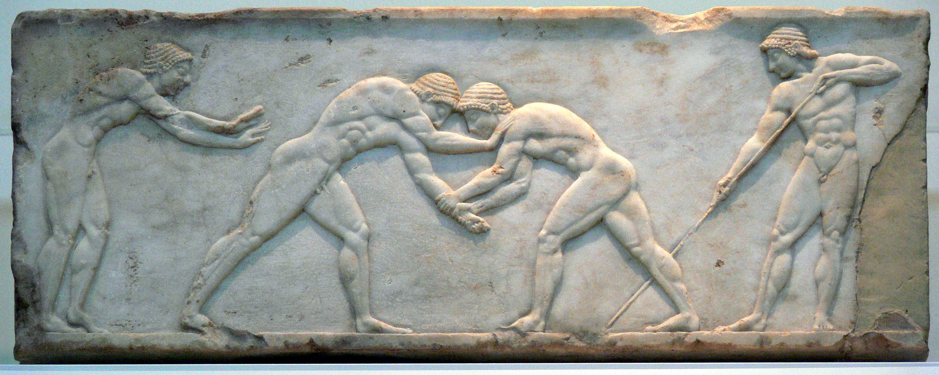 Ancient olympic wrestling from https://commons.wikimedia.org/wiki/File:07Athletengrab.jpg