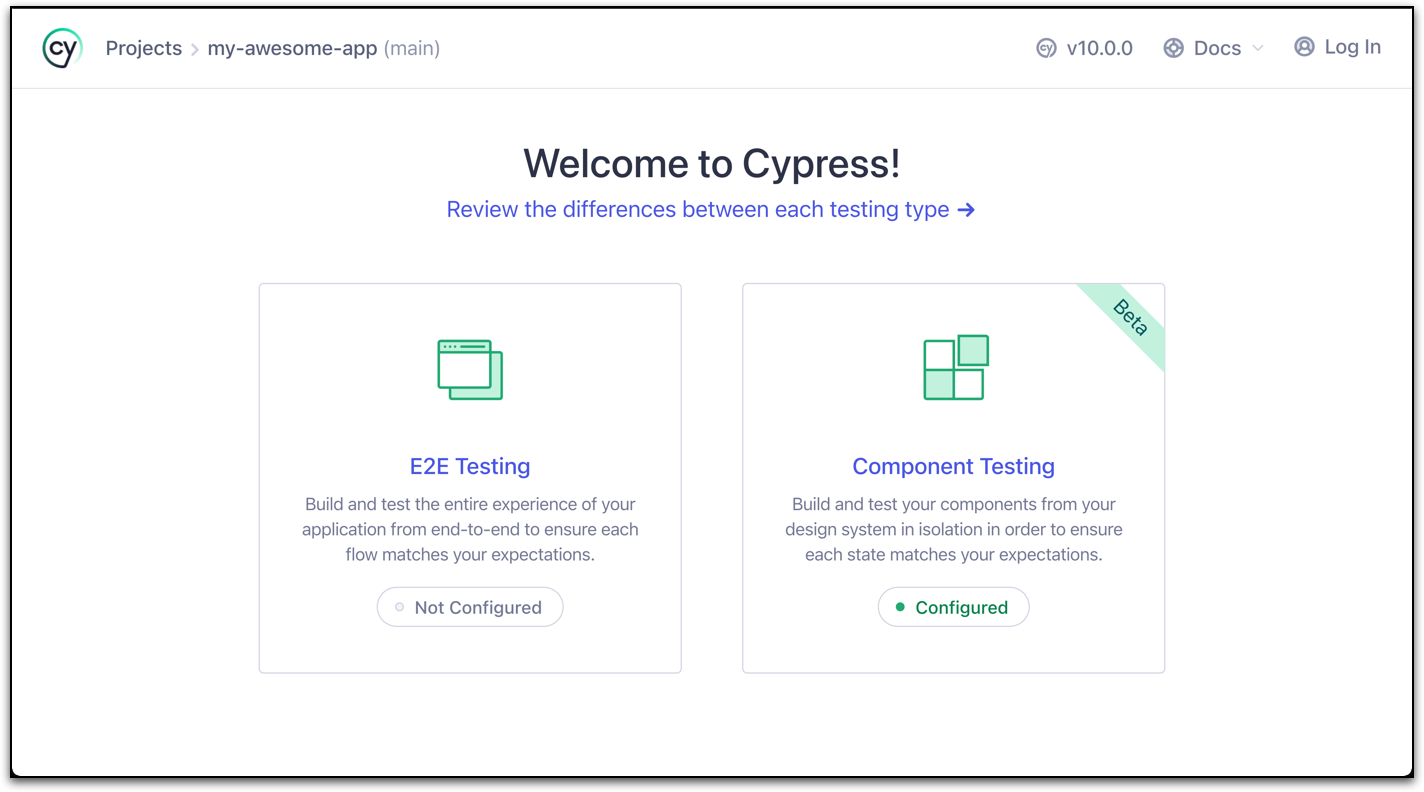 Cypress dashboard showing the testing options