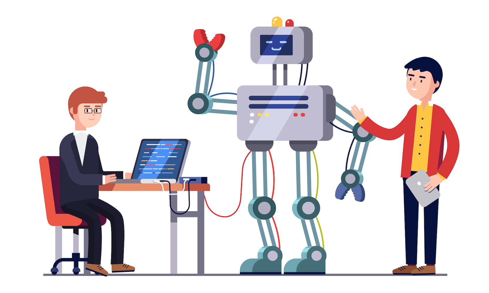 Illustration of two developers working together to program a robot